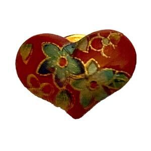 Vintage Cloisonne Heart Shaped Floral Brooch Pin Flowers Red Gold
